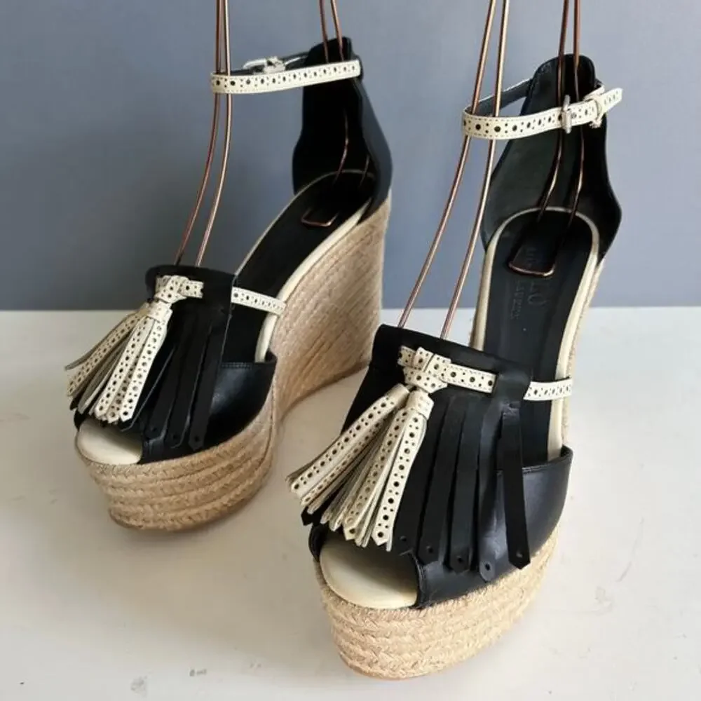 Polo Ralph Lauren Wedge Sandals Size 10 Espadrille Leather Tassels Boho‎ strappy